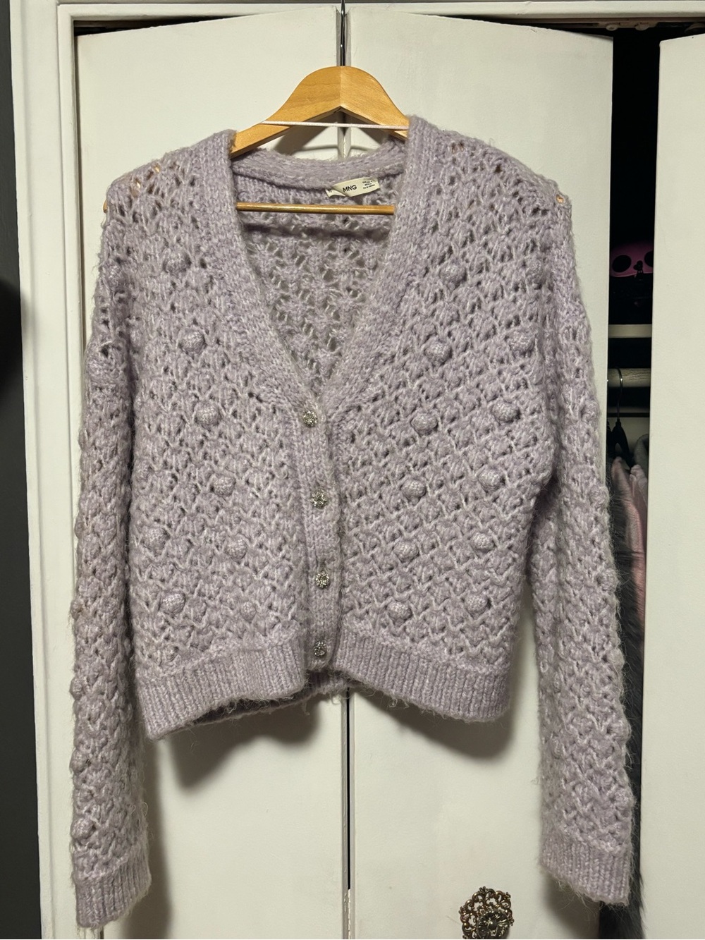 Mango Lavender Openwork V-Neck Button Cardigan